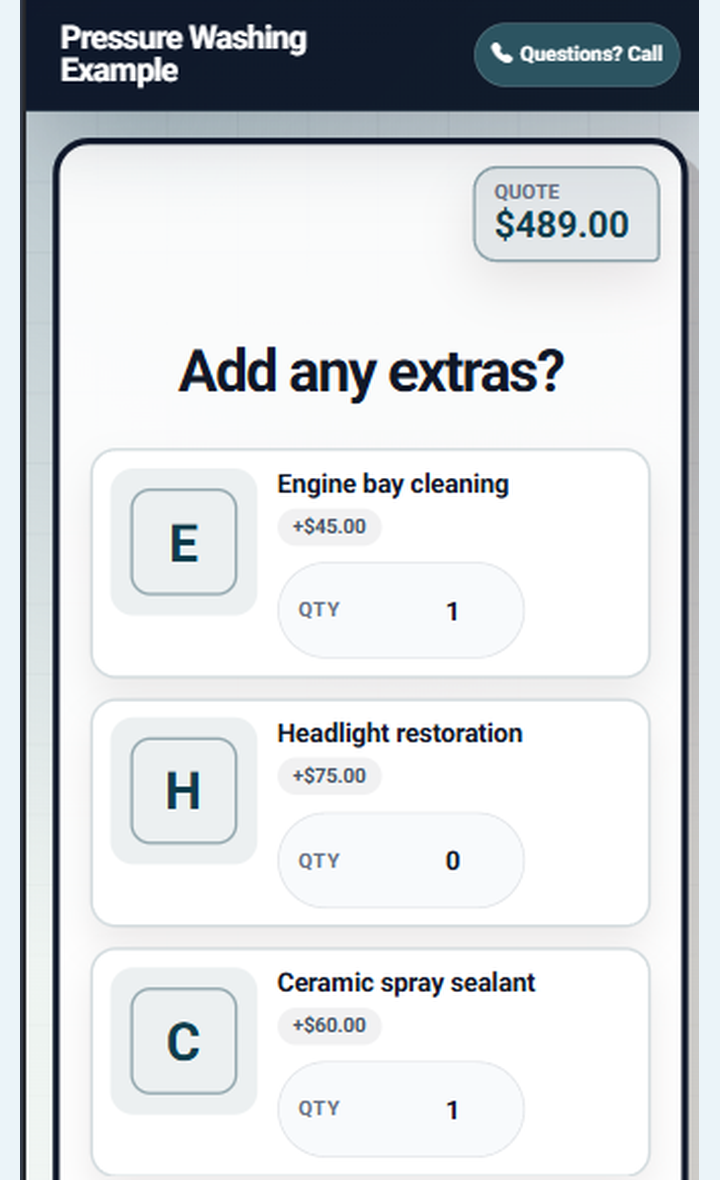 Quote link add-ons question screen