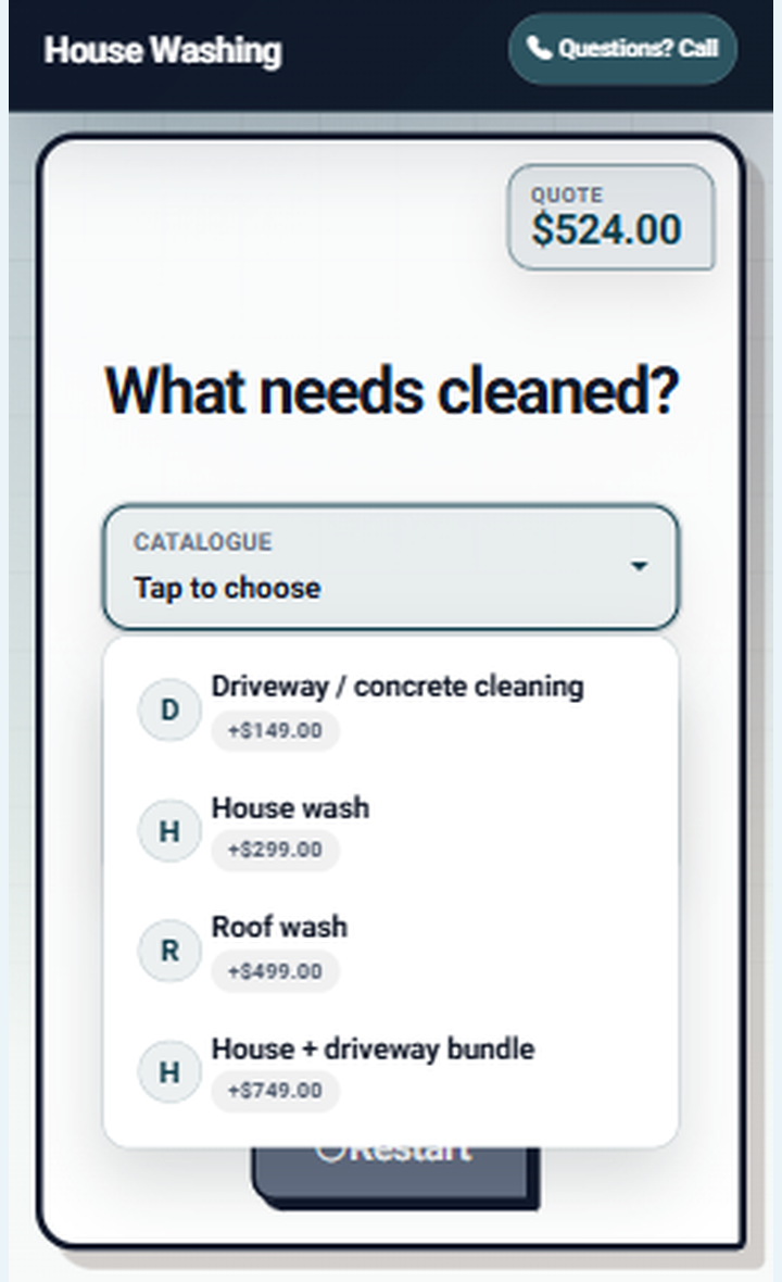 Quote link pricing question screen